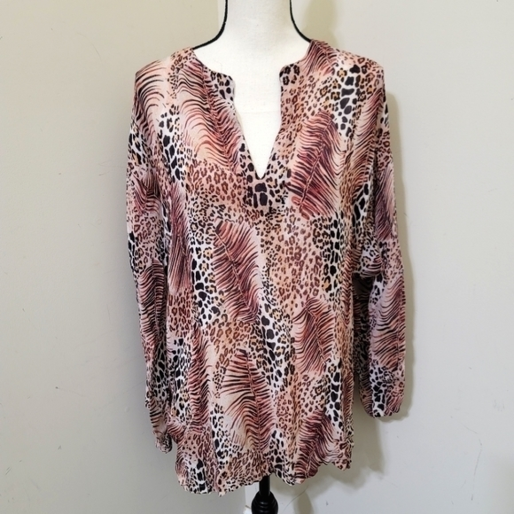 y2k NEWPORT NEWS size Large V Neck‎ Animal Mix Print Long Sleeve Swim Cover Up